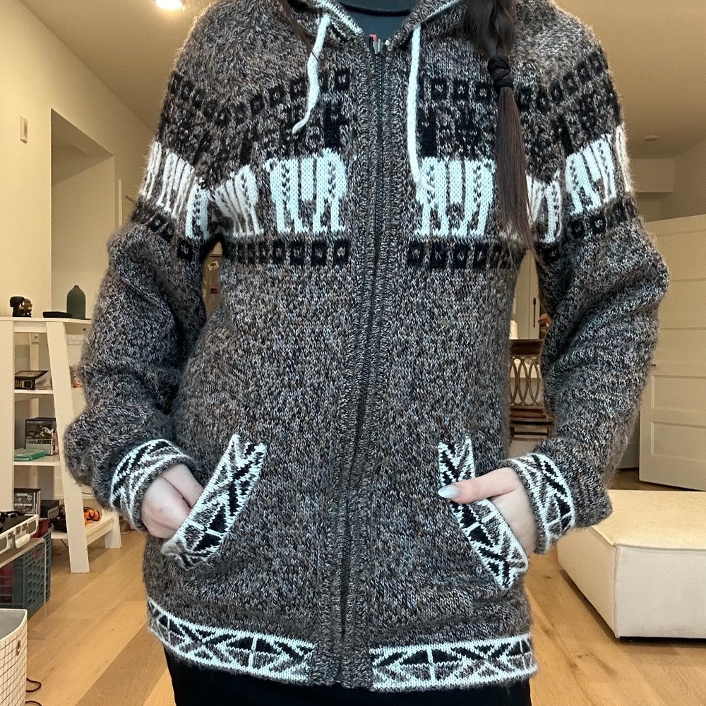 VINTAGE Gray Fair Isle Cashmere Blend Knit Zip Up Cardigan Sweater